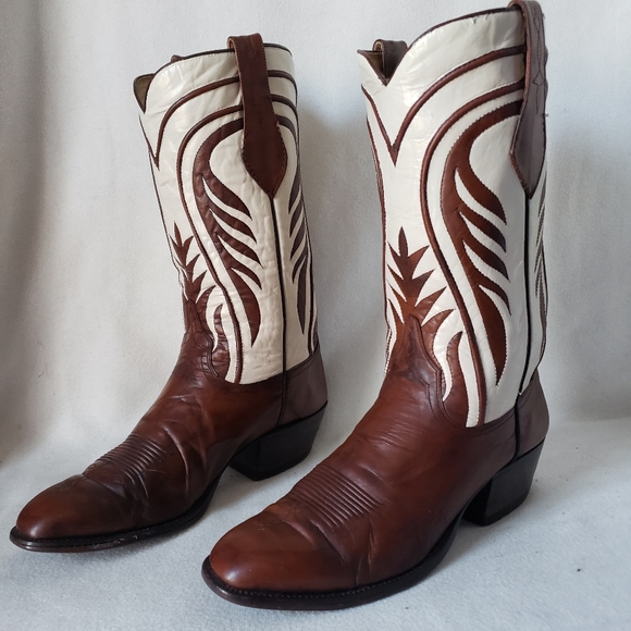 SOLD ❌Vintage Dan Post Western Boots Ivory Custom Shafts Brown Cognac Leather - Picture 7 of 16